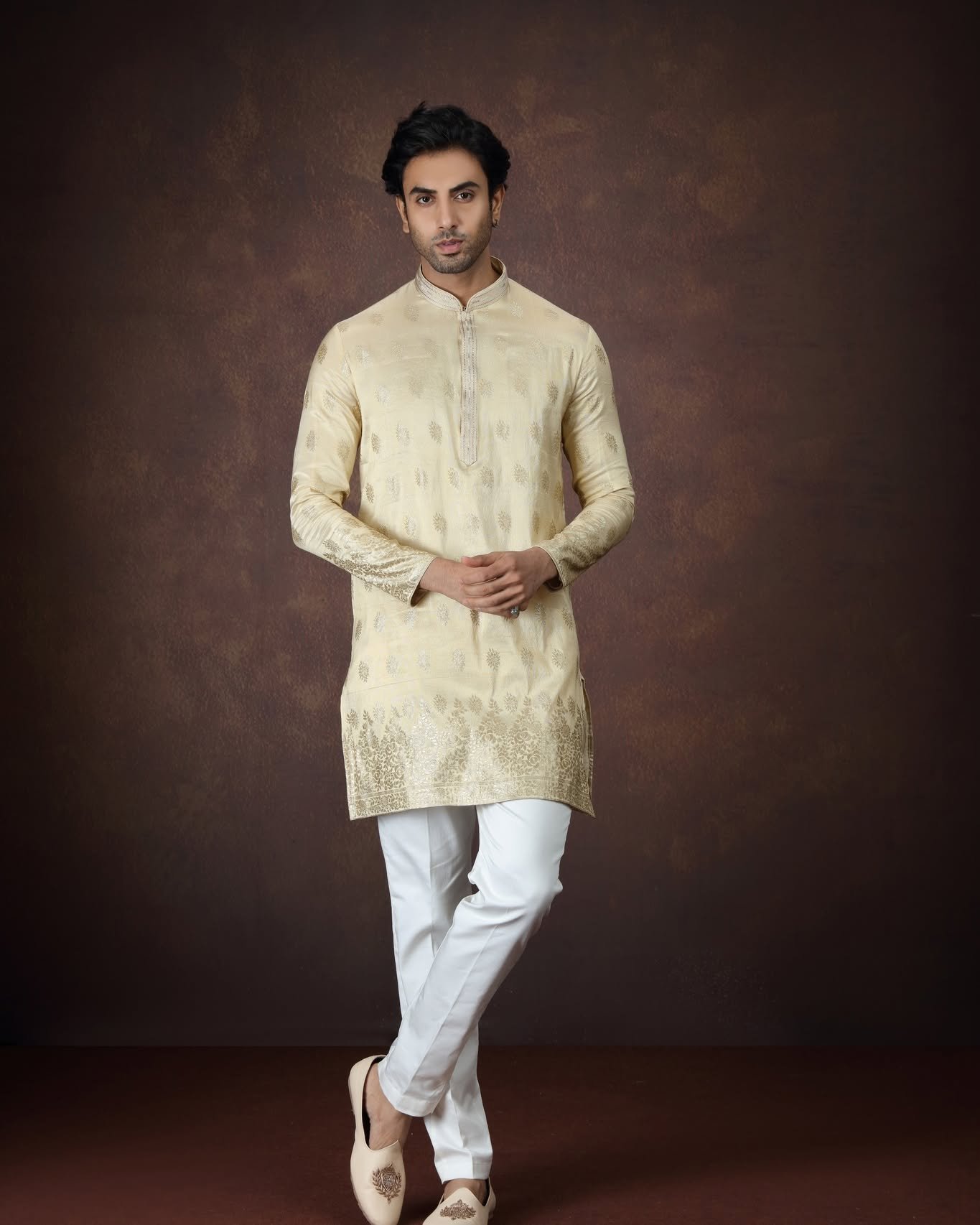 Designer Gold Jacquard Silk Kurta Set for Men | D.No. 4769
